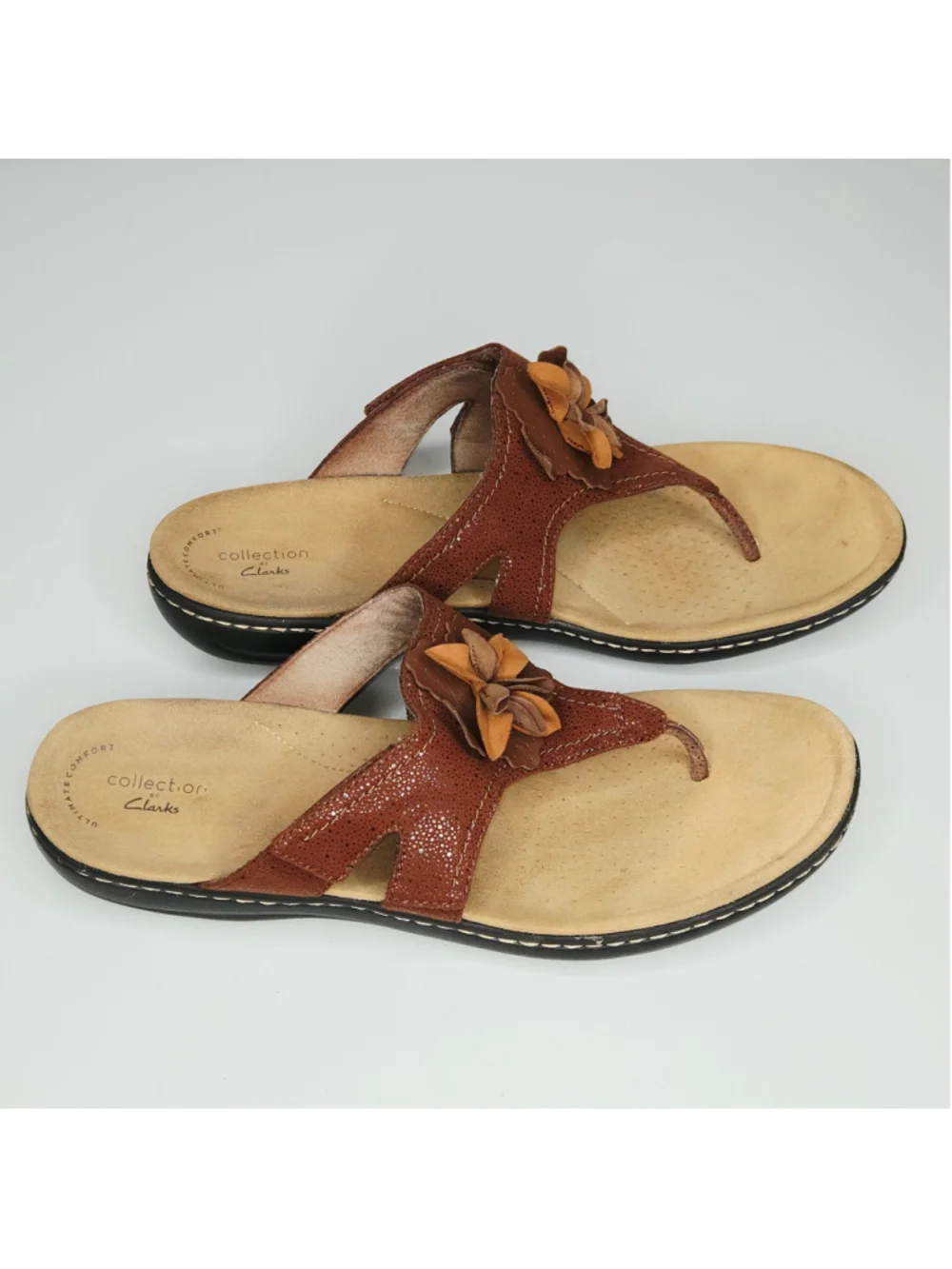 Clarks Collection Women's Leather Brown Floral Thong Sandals Size 12